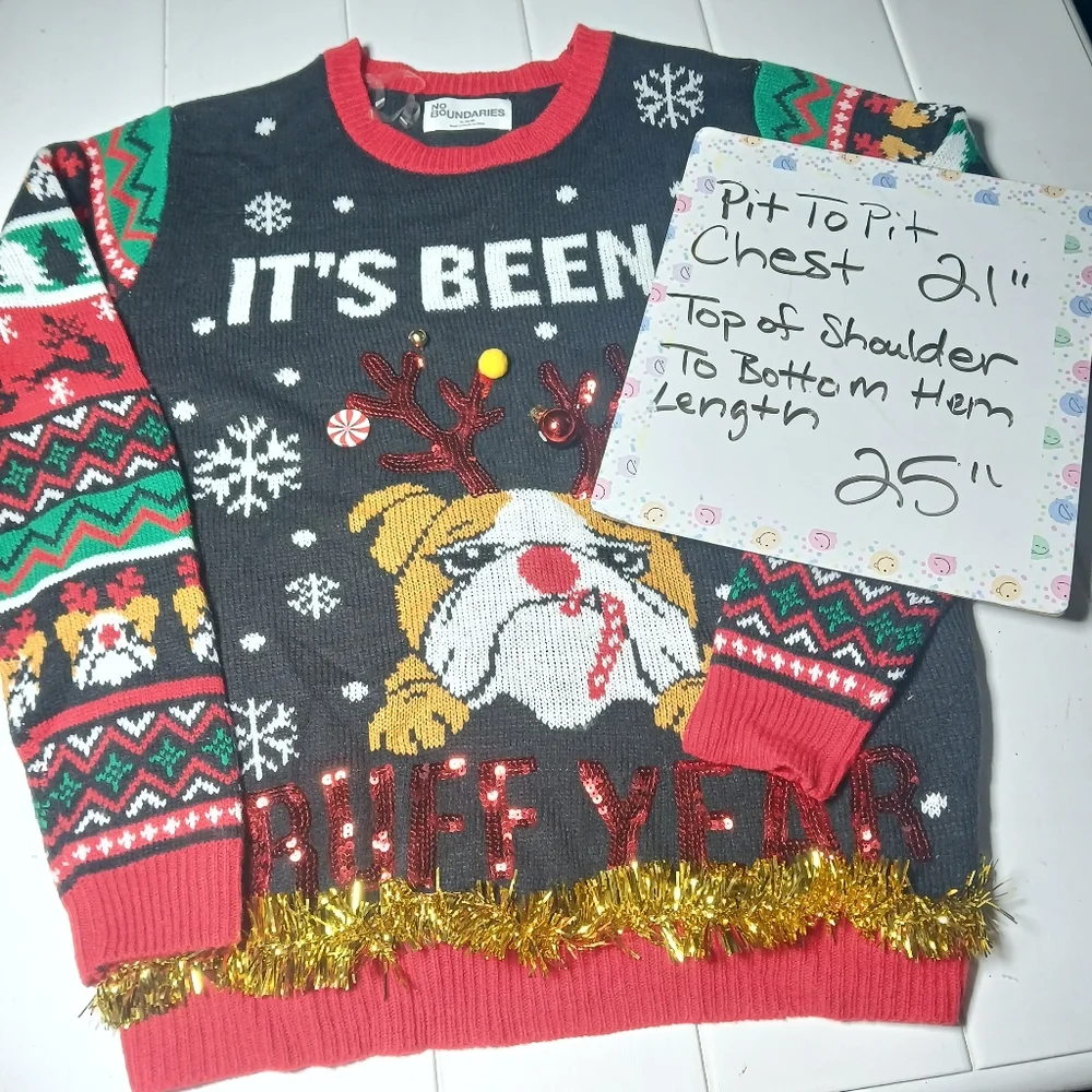 Women's XL Christmas Holiday Ugly Sweater Bull Dog “ It’s been a ruff year” - Picture 2 of 12